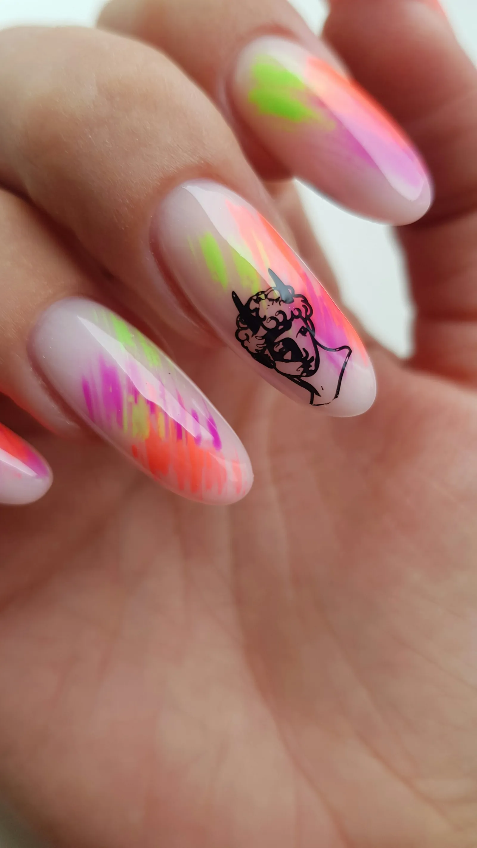 Abstract neon nail art in pink, yellow and green
