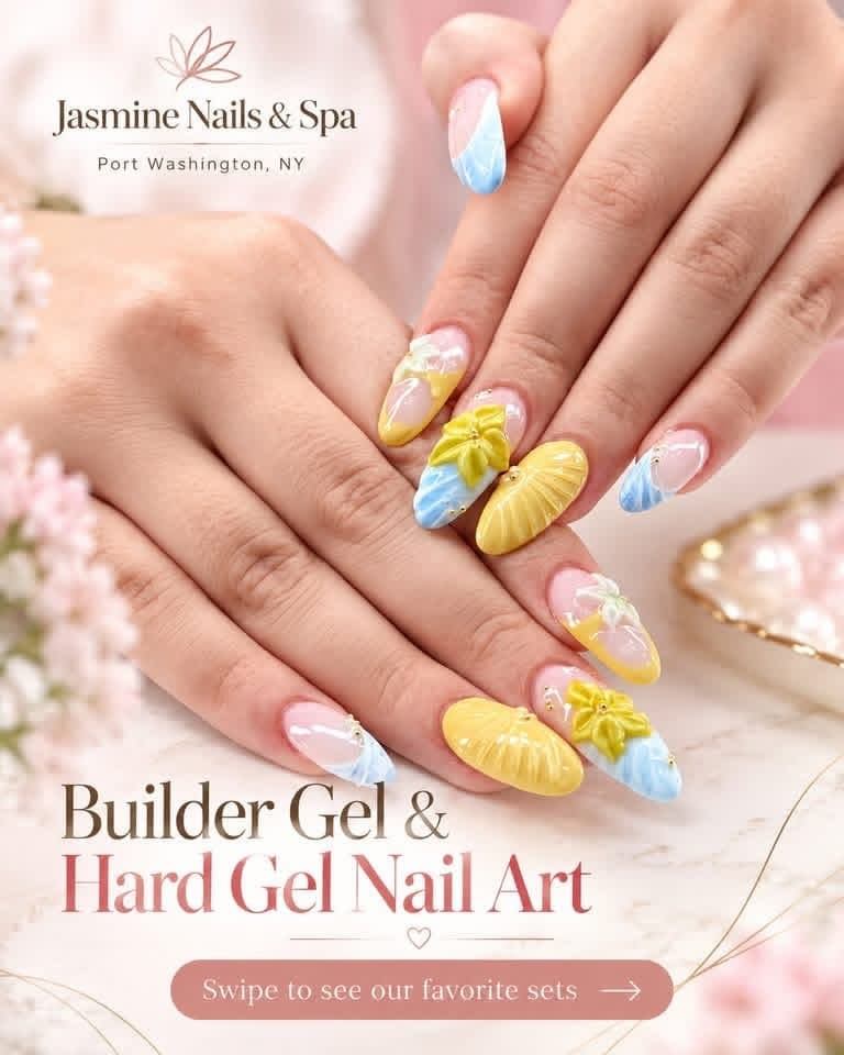 Almond builder gel nails with yellow and blue 3D sculpted flowers, shell shapes and gold studs, by Jasmine Nails & Spa in Port Washington