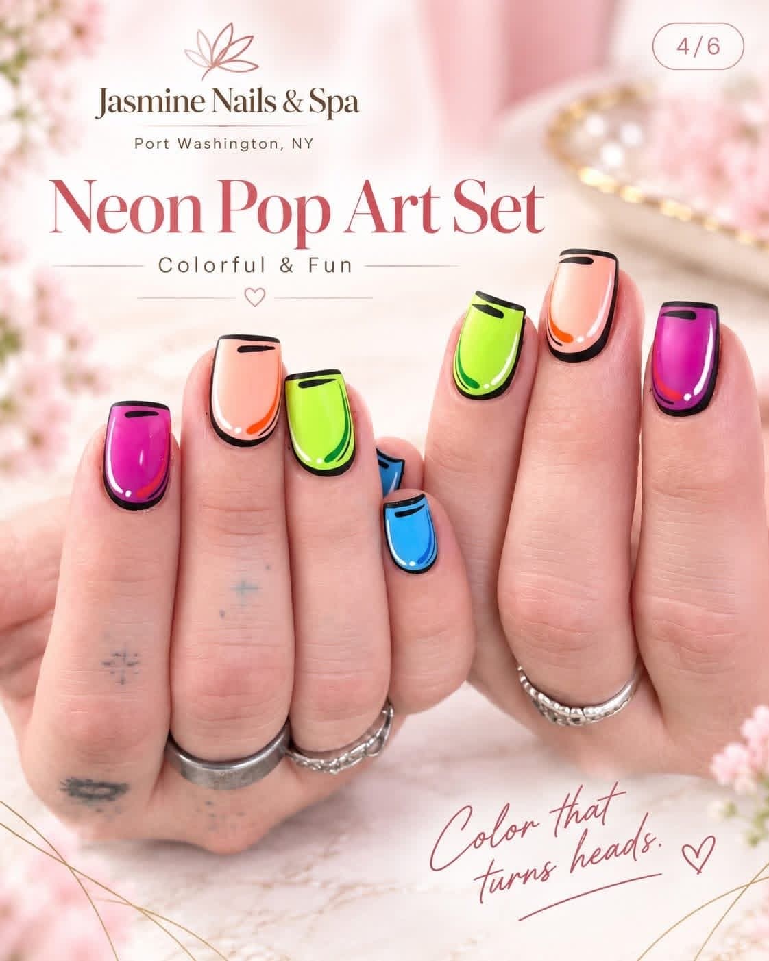 Neon pop art nail set with black comic-style outlines on magenta, lime green, peach and blue gel nails