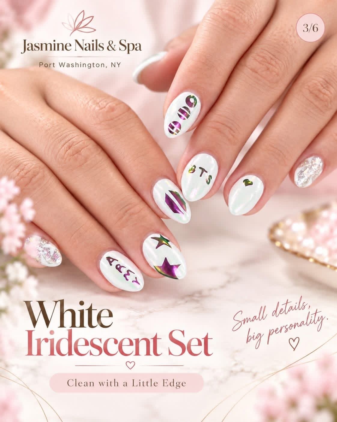 White iridescent chrome almond nails with holographic star and heart decals and glitter accent nails